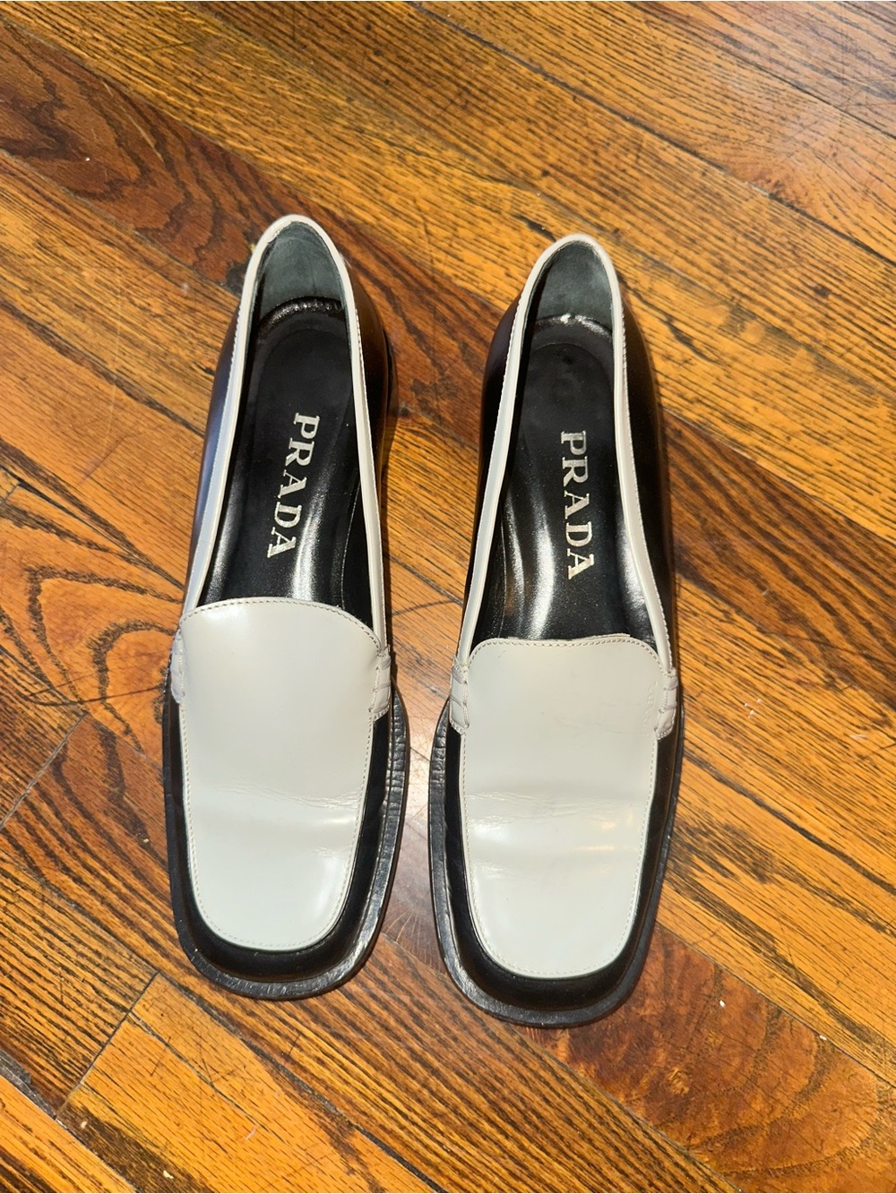 Prada Two-Tone White and Black Leather Loafers